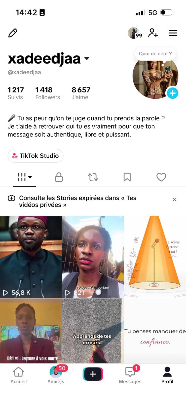 Khadija — Profil TikTok avant l'accompagnement — 1 418 abonnés